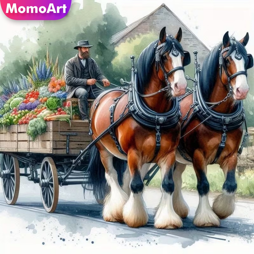 Photo Mosaic Print - ชุดปักครอสติชลายม้าโมโมอาร์ต ภาพวาดสัตว์ งานปักเพชร DIY โมเสกเพชร รูปรถม้า